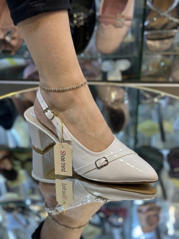 Isla Patent Buckled Slingback Block Heels (White)