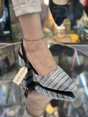 Women's Multicolor Striped Block Heel Slingback Shoes (Black)