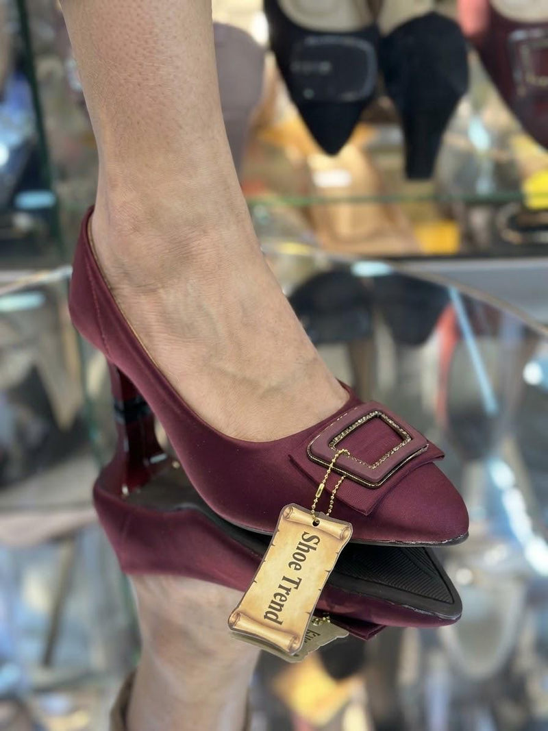 Women’s Pointed Toe High Heels with Elegant Buckle (Maroon)