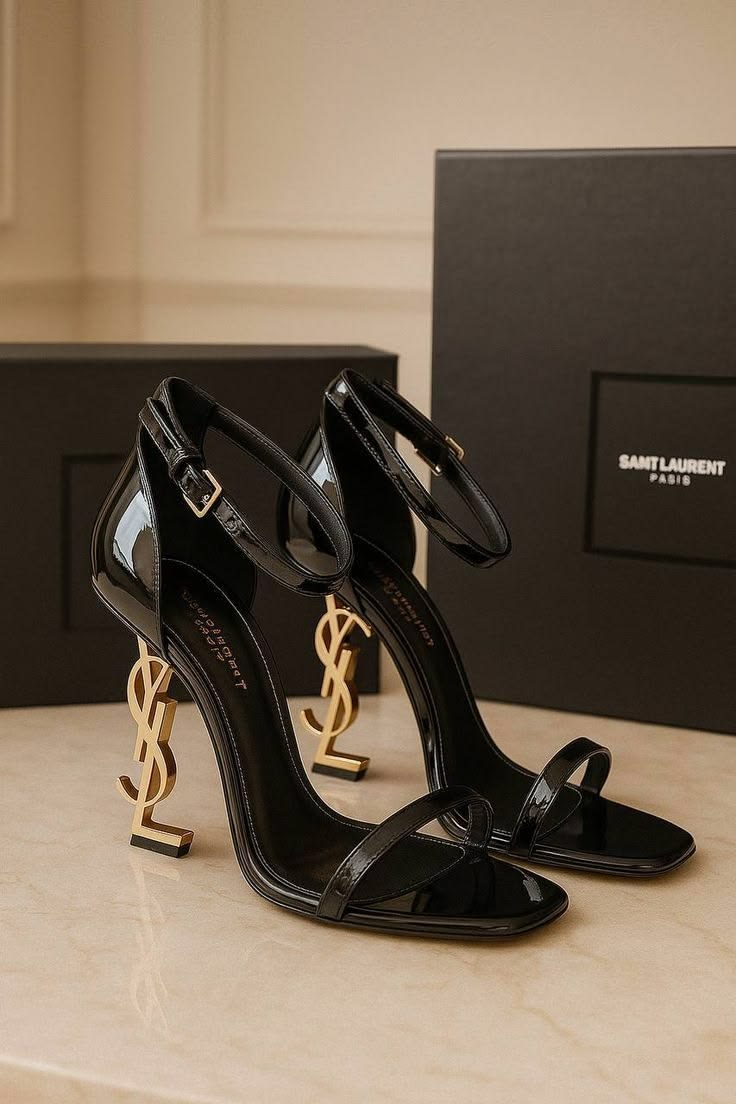 YSL Opyum Heel Sandals - Black Gold